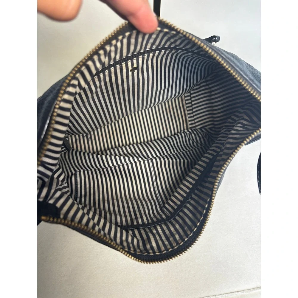 Kate‎ Spade Black Pebbled Leather Hobo Shoulder Bag Gold Logo Striped Lining